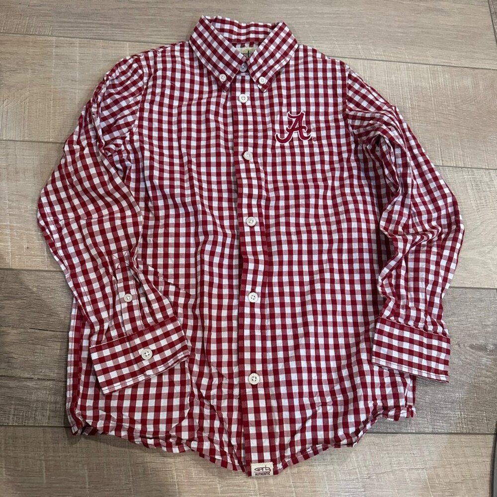 GARB TEAM BOYS MEDIUM 7/8 CRIMSON RED PLAID BUTTON UNIVERSITY OF ALABAMA SHIRT R